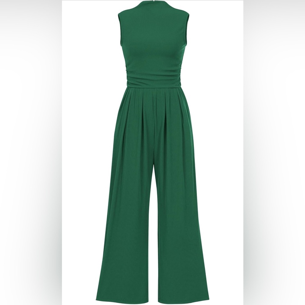 Green Women’s Jumpsuit One
Piece Sleeveless Mock Neck Wide
Leg Pants Rompers